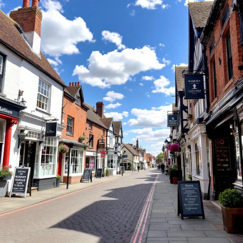 Market Harborough high street with commercial properties and shops